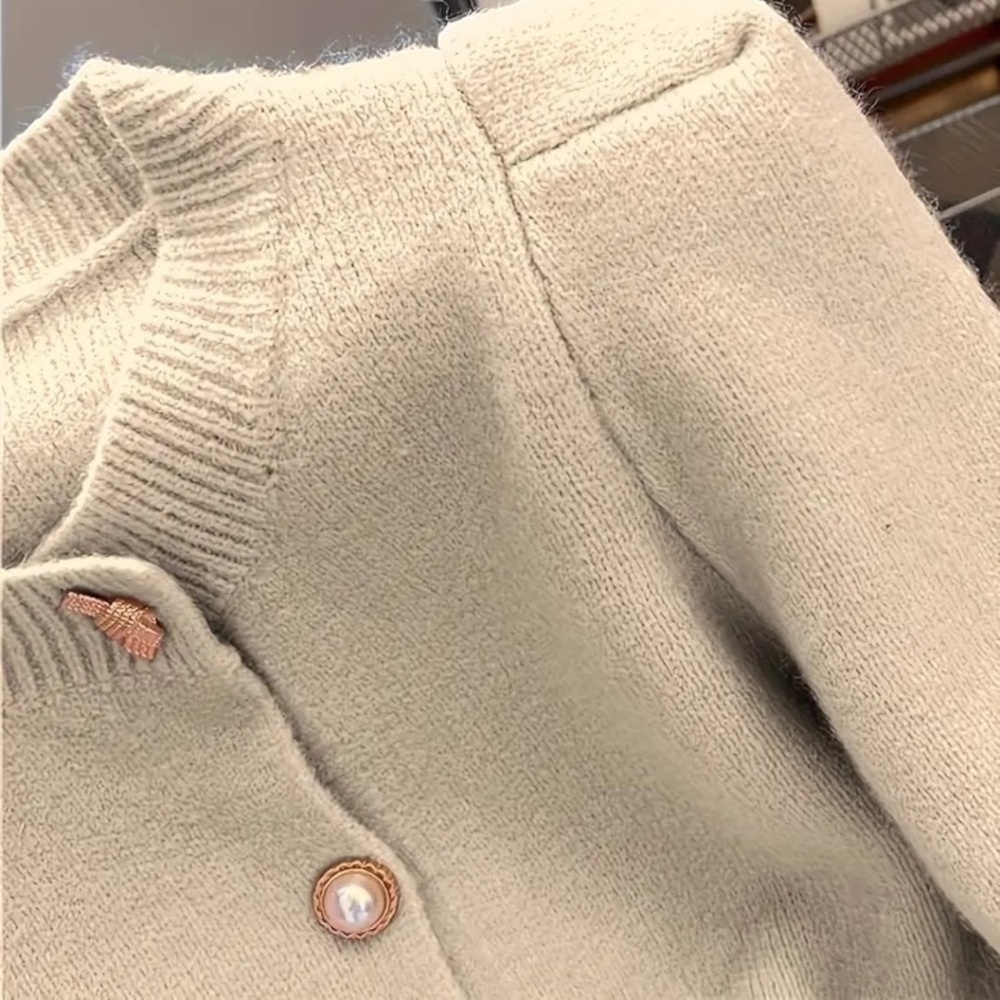 Crew Neck Cardigan Beaded Button Front Long Sleeve Apricot - Picture 3 of 5